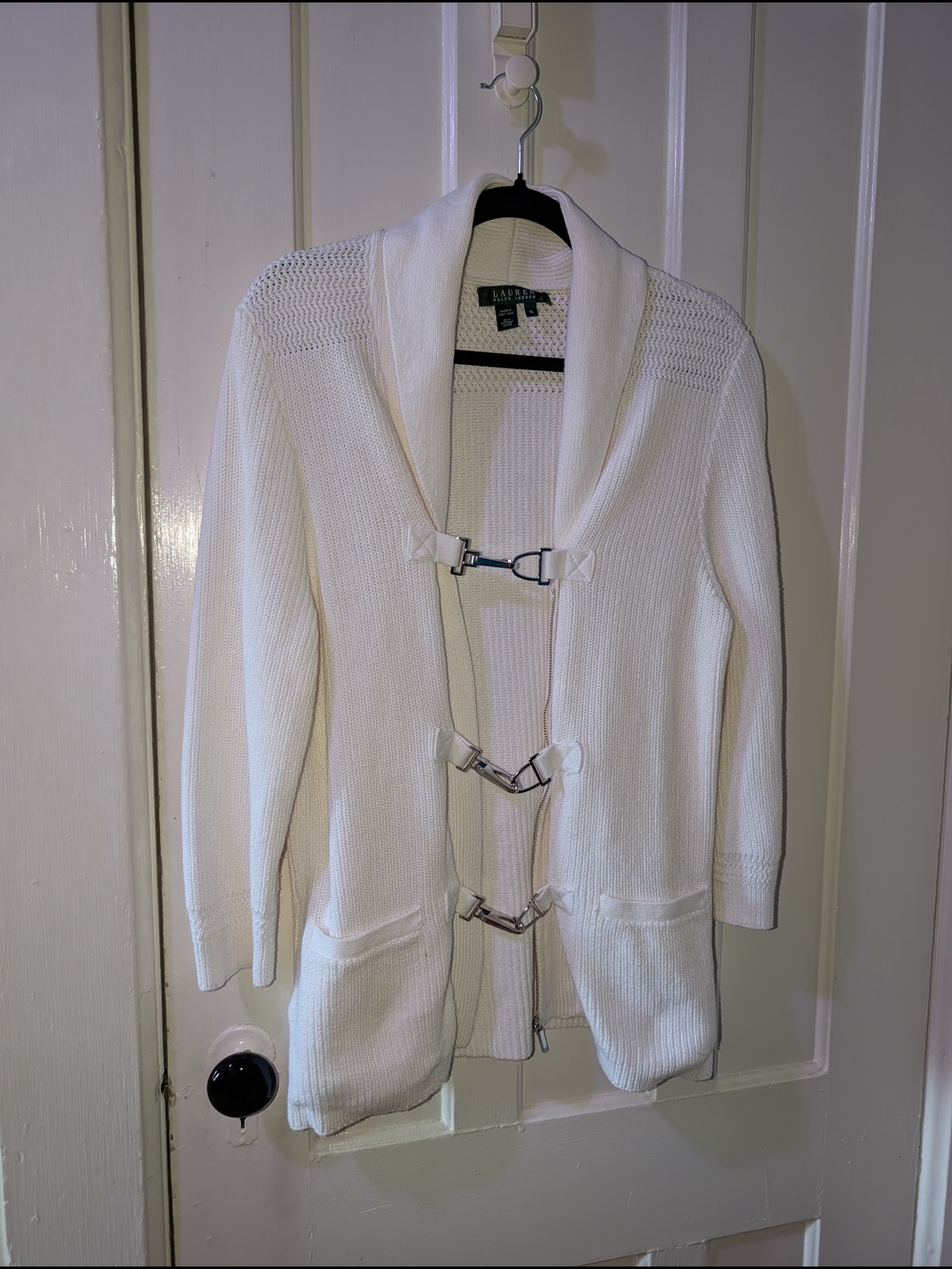 100% Cotton Lauren Ralph Lauren White Shawl Collar Toggle Cardigan Sweater XL
